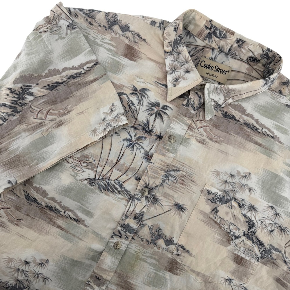 Vintage Cooke Street Honolulu Hawaiian Shirt Mens 2XL Beige Gray Tropical Scene‎